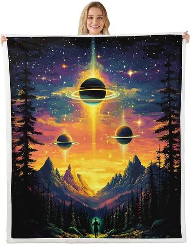Miniatura 21 de Manta de franela de alienígena, misteriosa nave espacial estrellada con purpurina y planetas de cielo para decoración de habitaciones, manta