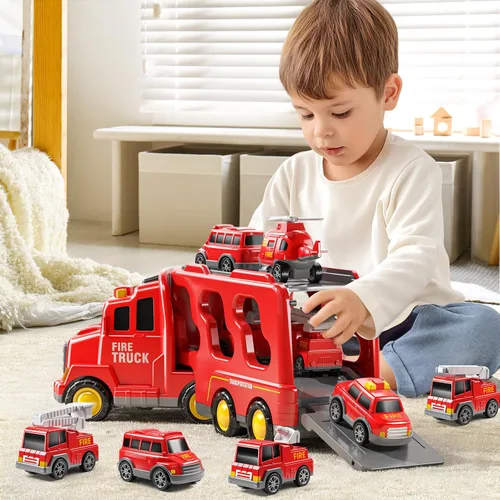 Miniatura 5 de JUKUDAHU Camiones de Bomberos 7-en-1 para Niños de 3, 4, 5, 6 Años - Auto de Transporte para Niños Pequeños de 4-6, Juguetes con Sonido y Luz