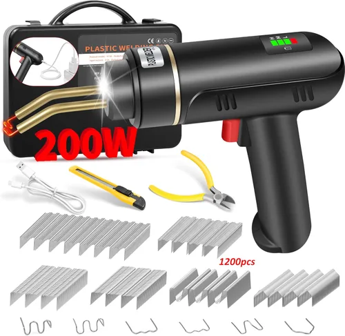 Soldador de plástico inalámbrico de 200W, kit de soldadura de plástico con 1200 grapas calientes, pistola de soldadura de plástico recargable por