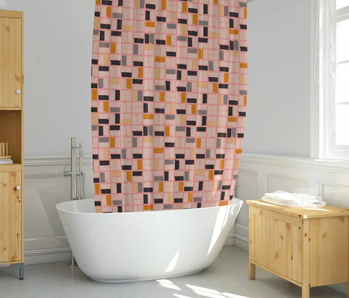 Miniatura 8 de Cortina de ducha MidMod rosa – 72 x 72 pulgadas, cortina de baño moderna de mediados de siglo con patrón cuadrado abstracto, diseño retro de tela