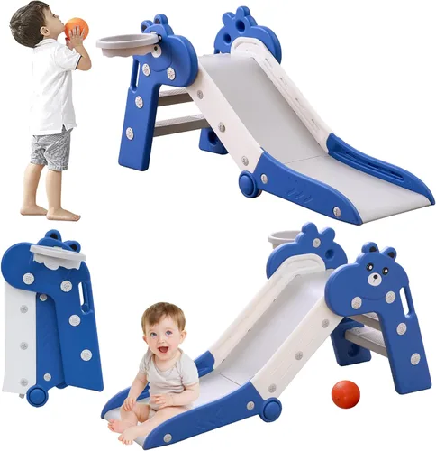 Miniatura 7 de GITAWUSA Tobogán plegable para niños pequeños, juego de toboganes de plástico para interiores con aro de baloncesto y pelota Rosa Azul