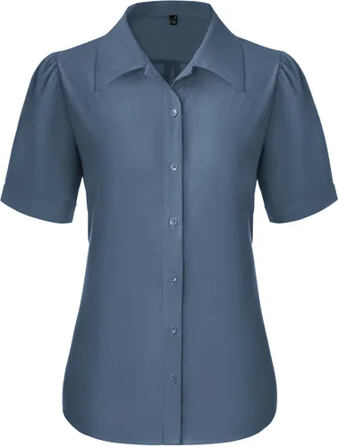 Miniatura 14 de Gleeivy Camisas de botones para mujer de manga corta abombada, camisas de vestir abotonadas con cuello ajustado, blusa superior de trabajo