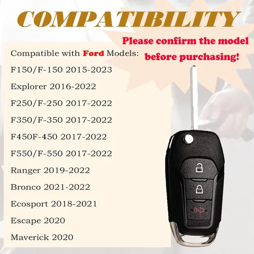 Miniatura 2 de SUPALAND Llavero Plegable de Repuesto Compatible con Ford F-150/F150 2015-2023 F250 F350 2017-2022 Explorer 2016-2022 Ecosport 2018-2021 Ranger