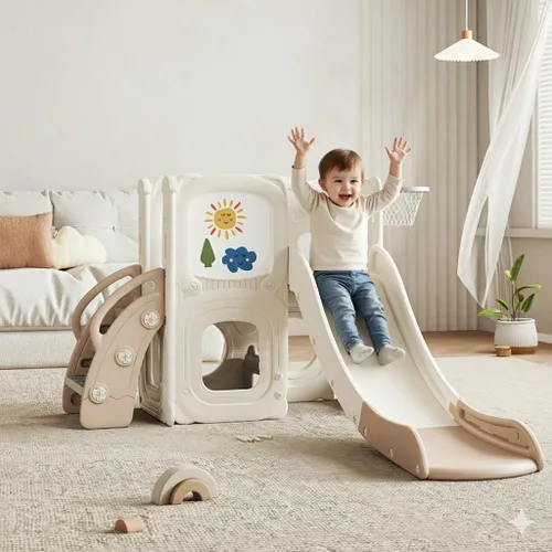Miniatura 8 de Tobogán infantil para niños pequeños de 1 a 3 años, parque de juegos para interiores y exteriores, con escalador, aro de baloncesto, tabla