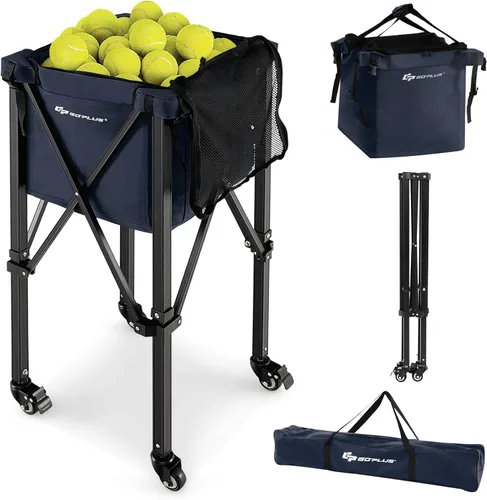 Miniatura 10 de Goplus Tolva plegable para pelotas de tenis, cesta de aluminio ligera con ruedas, bolsa extraíble, bolsillos laterales, bolsa de transporte, carrito
