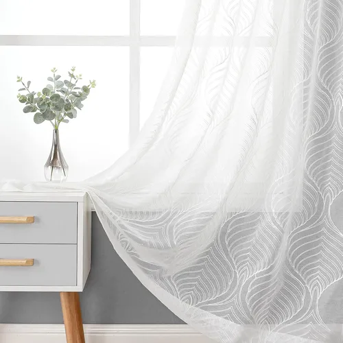 Miniatura 18 de VISIONTEX Cortinas traslúcidas blancas de 63 pulgadas de largo, juego de 2 paneles de bordado marroquí con puntos beige, tela de gasa bordada