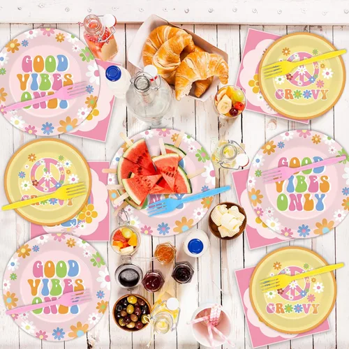 Miniatura 6 de ZOIIWA 96 piezas Suministros de fiesta Groovy para 24 invitados Juego de vajilla Boho Set de decoraciones de fiesta Boho Hippie Margarita