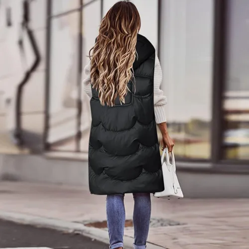 Miniatura 3 de Chaleco con capucha para mujer, versión larga, acolchado, con relleno de plumón sintético, adecuado para otoño e invierno, chalecos de talla grande