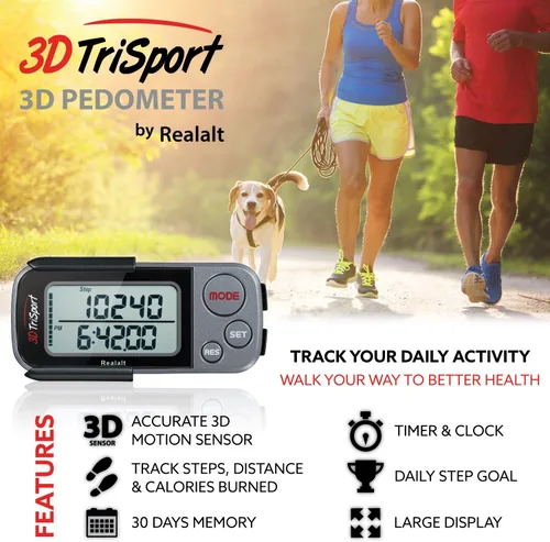 Miniatura 2 de Realalt 3DTriSport 3D Walking Pedometer with Clip & Strap, Accurate Step Counter with 30-Day Memory, Distance in Miles/KM with Large Display Perfect