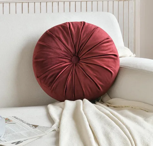 Almohada redonda color burdeos, almohadas decorativas para cama, cojín de suelo grande con botón plisado en forma de círculo, almohada para sofá,