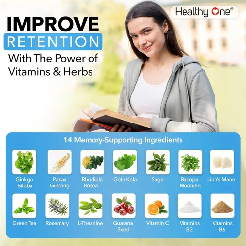 Miniatura 5 de Suplemento para la memoria Healthy Mind, para una mente sana y enfoque mental, 60 cápsulas, para mejorar la memoria, el enfoque y la concentración