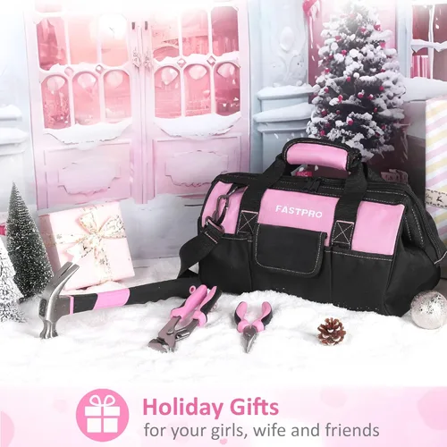 Miniatura 6 de FASTPRO Juego de herramientas rosa, 220 piezas Lady's Home Repairing Tool Kit con 12 pulgadas de ancho boca abierta bolsa de herramientas