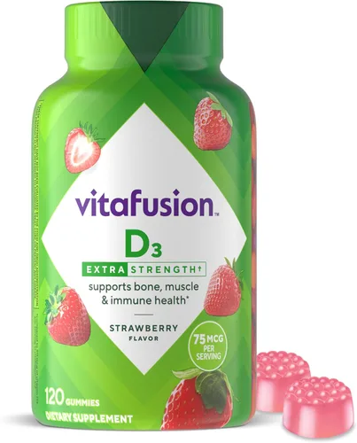 Vitafusion Vitamina D3 de Fuerza Extra en Gomita, Sabor a Fresa para el Apoyo del Sistema Óseo e Inmunológico (1) 120 Unidades