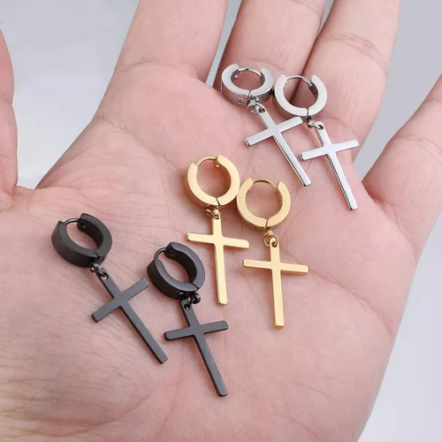 Miniatura 4 de Juego de aretes de cruz de acero inoxidable para hombre y mujer, aretes colgantes con bisagras, aretes de aro cruzados