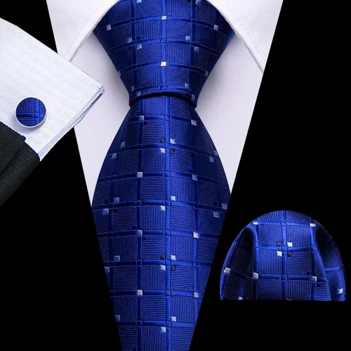 Miniatura 147 de Barry.Wang Juego de corbatas a cuadros para hombre con pañuelo gemelos de rayas clásicas