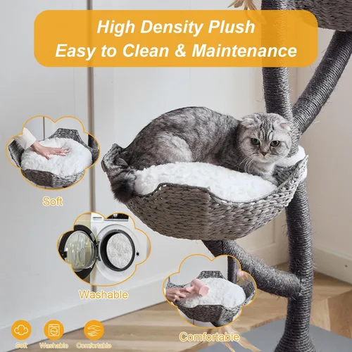 Miniatura 4 de Torre de árbol gris moderno de 52 pulgadas de alto para gatos grandes, postes rascadores para gatos con cestas tejidas a mano Condominio de lujo