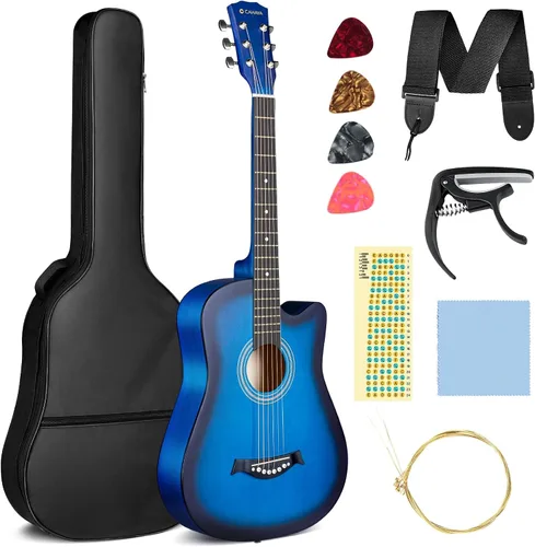 CAHAYA Guitarra acústica: Juego de iniciación de 96.5 cm con corte para principiantes, de madera, para niños, adolescentes y adultos, con bolsa de