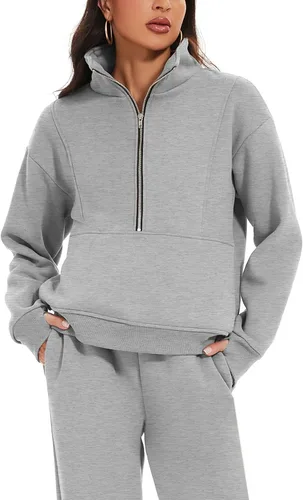 Miniatura 2 de PEHMEA Conjunto deportivo de 2 piezas de otoño para mujer, con forro polar, holgado, manga larga, media cremallera, cómodo conjunto de descanso
