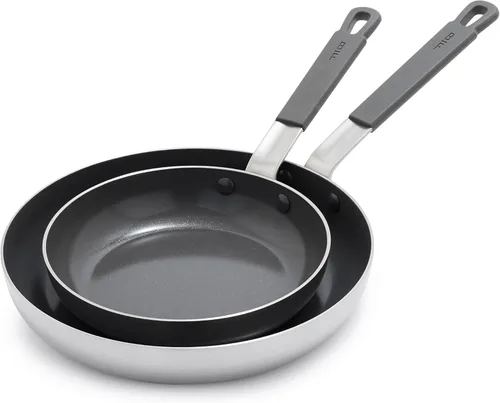 Miniatura 14 de GreenPan x Bobby Flay - Juego de 12 piezas de ollas y sartenes de acero inoxidable, grado profesional tricapa, Multiclad, antiadherente de cerámica