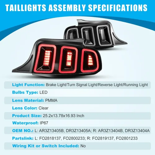 Miniatura 9 de CPW Conjunto de luces traseras para Ford Mustang 2010 2011 2012 2013 2014, repuesto de lámparas de freno traseras completamente funcionales, 1 par
