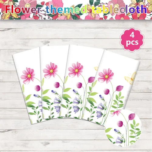 Miniatura 7 de 4 Pack de manteles florales de primavera con flores silvestres, mantel de plástico con flores de primavera, mantel desechable para decoración