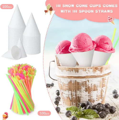Miniatura 2 de Eaasty 200 tazas de cono de nieve y pajitas, cucharas de 4.5 onzas, popotes de papel desechables, cuchara de paja para aguanieve, helado afeitado