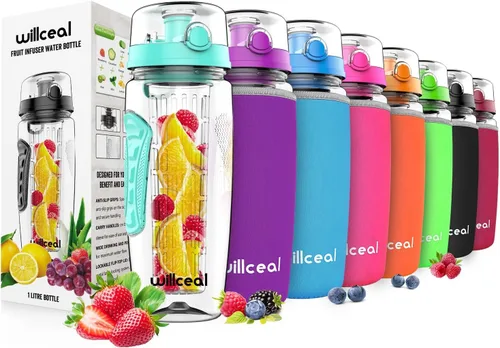 Miniatura 13 de Botella de agua con infusor de frutas de 32 onzas, duradera, grande, sin BPA, Tritan con tapa abatible, diseño a prueba de fugas, deportes, camping