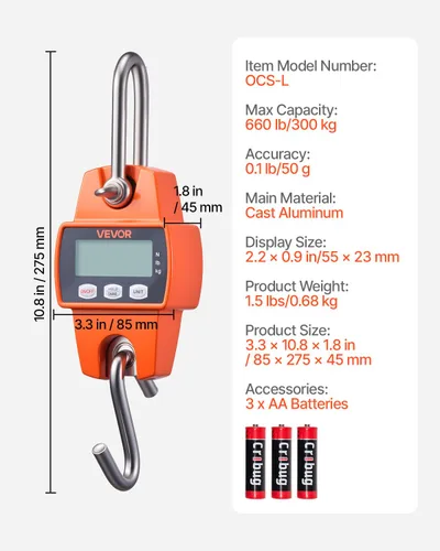 Miniatura 7 de VEVOR Báscula digital para grúa, 660 libras/661.4 lbs, báscula industrial resistente para colgar con caja de aluminio fundido y pantalla LCD, mini