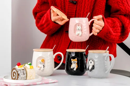 Miniatura 4 de Taza de café de cerámica, diseño novedoso 3D de gato y perro con tapa y cuchara a juego, taza hecha a mano de dibujos animados para té, leche y jugo