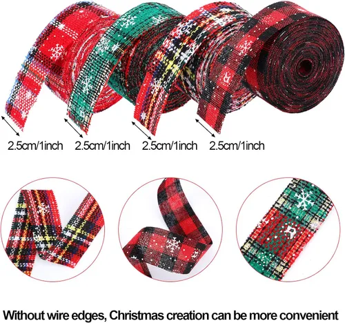 Miniatura 2 de Willbond 4 rollos de cinta de Navidad a cuadros de 24 yardas, cinta de copo de nieve, arpillera a cuadros rojos y verdes, envoltura decorativa