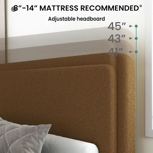 Miniatura 5 de Marco de cama tapizado Boucle de tamaño matrimonial con cabecera ajustable, plataforma de nube, patas de madera maciza, no necesita somier, fácil