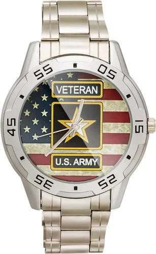Reloj analógico de acero inoxidable para hombre diseño especial militar veterano y bandera estadounidense diseño personalizado con caja de metal