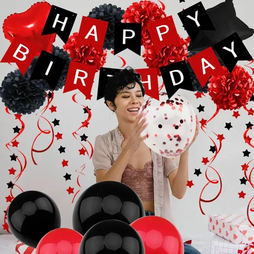 Miniatura 7 de ZERODECO Decoraciones de cumpleaños, decoraciones de fiesta en negro y rojo con pancarta de feliz cumpleaños, pompones, globos para niños, niñas
