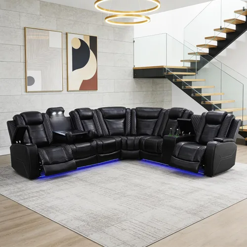 Miniatura 39 de Juego de sofá modular reclinable eléctrico para sala de estar, juego de sofá reclinable de cuero con luces LED / almacenamiento oculto, sofá