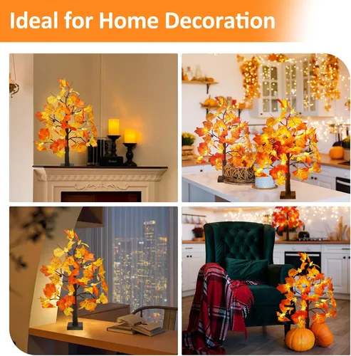 Miniatura 7 de Joyhalo Paquete de 2 Árboles de Otoño de 23.5 Pulgadas con Luces, Temporizador a Pilas, Árbol Iluminado de Otoño para Acción de Gracias