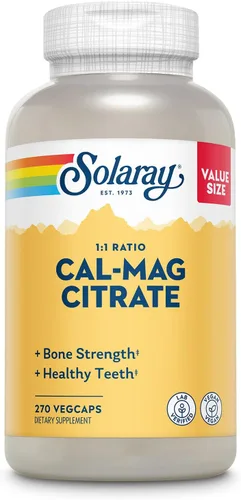 Solaray Citrato de calcio y magnesio de 1000 mg de relación 1:1, suplemento de fuerza ósea, apoyo para la salud muscular, nerviosa y ósea, quelado
