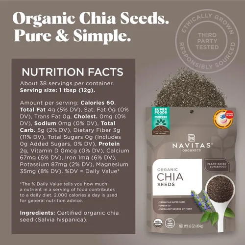 Miniatura 2 de Navitas Organics Semillas de chía - Para pudín de chía, batidos, hornear, ensaladas y más - Omega 3, fibra, minerales - USDA orgánico, sin OMG