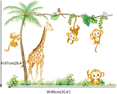 Miniatura 4 de Runtoo Calcomanías de pared de animales de safari para guardería, palmera, jirafa, mono, calcomanías de pared para dormitorio de niños Jirafa y Mono