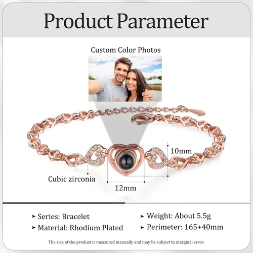 Miniatura 10 de Jeweidea Custom Bracelet with Picture Inside, Personalized Projection Heart Chain Link with Photo, Memorial Gifts for Women