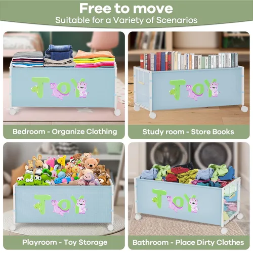 Miniatura 7 de Caja grande de juguetes para niños con ruedas, 120L Cajas de juguetes para niños extra grandes de metal y tela Oxford, cofre de juguetes organizador