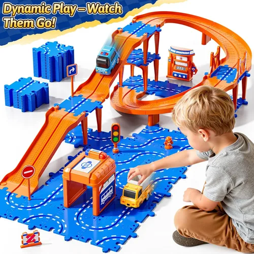 Miniatura 3 de Rompecabezas para niños de 3 a 5 años, 2 a 4 años, juego de 59 rompecabezas de carreras, incluye 2 autos y señales de tráfico, regalos educativos