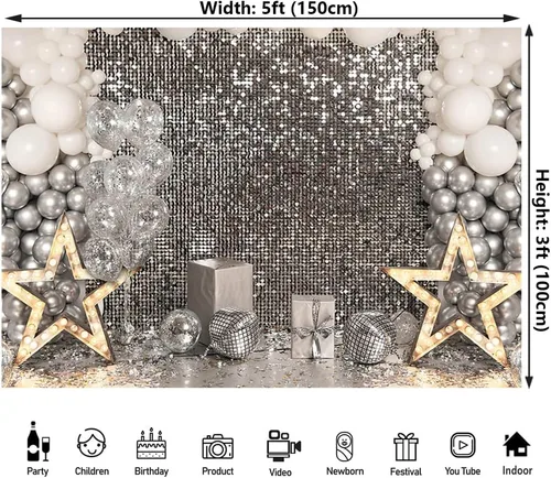 Miniatura 2 de Fondo de fotografía de discoteca plateado con purpurina de 5 x 3 pies, para fiesta de graduación de los años 80, para cumpleaños, boda, Año Nuevo