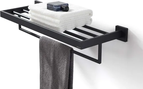 Miniatura 4 de Toallero, toallero para baño, toallero cuadrado moderno estilo hotel con estante, 24 pulgadas, negro mate, montado en la pared, sin montaje, serie
