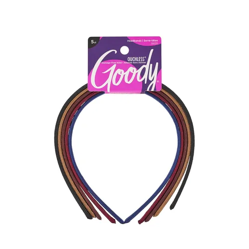 Goody Ouchless - Diademas para la cabeza, 5 unidades, colores surtidos, elegantes y ligeras, delgadas, de tela sin daños para mujeres y hombres,