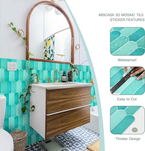 Miniatura 4 de Azulejos para Salpicaduras de Despegar y Pegar, Azulejos Autoadhesivos 3D Verde Brillante con Diseño de Pluma de Pavo Real para Cocina y Baño