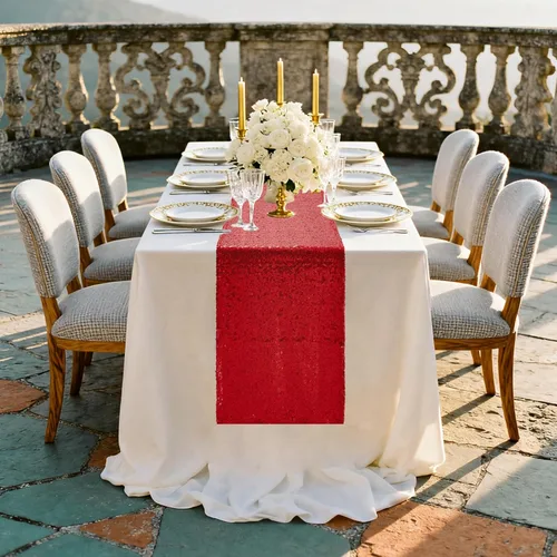 Miniatura 6 de Camino de mesa de lentejuelas rojas, 10 piezas de 12 x 72 pulgadas, camino de mesa con purpurina para fiesta, boda, decoración de bautismo de bebé