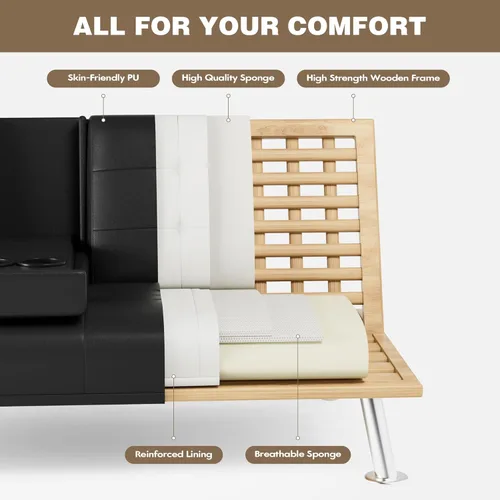 Miniatura 6 de Homall Sofá Cama Futón, Sofá Futón de Cuero con Reposabrazos Removibles, Sofá Cama Reclinable para Dormir Ajustable con Portavasos Dobles para Sala
