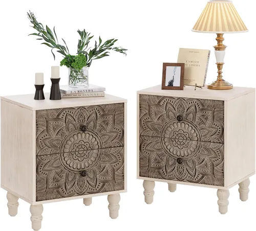 Miniatura 11 de COSIEST Mesita de noche vintage de 2 piezas, mesa de noche MDF de 2 niveles, mesa auxiliar de madera con cajón de almacenamiento y estante abierto