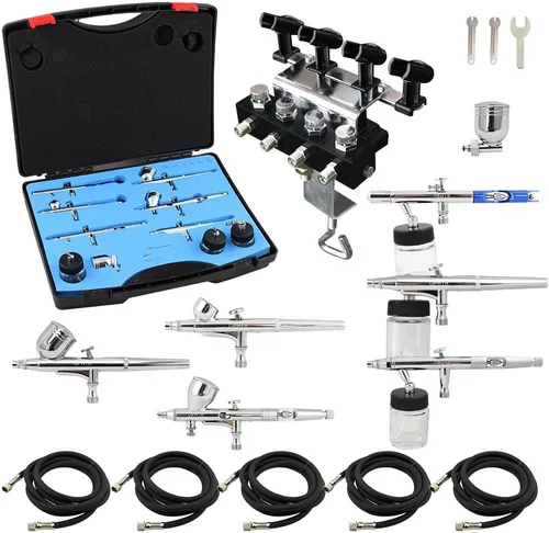 OPHIR Kit de pistola de aerógrafo de doble acción de 6 piezas, juego de aerógrafo con soporte para cepillo de aire con capacidad para hasta 4