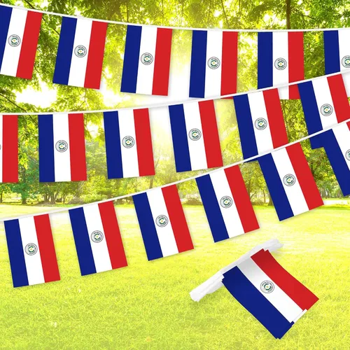 G128 Banderín paraguayo paraguayo | Bandera de 8.2 x 5.5 pulgadas, cuerda completa de 33 pies | Poliéster 150D impreso, decoraciones para bar,